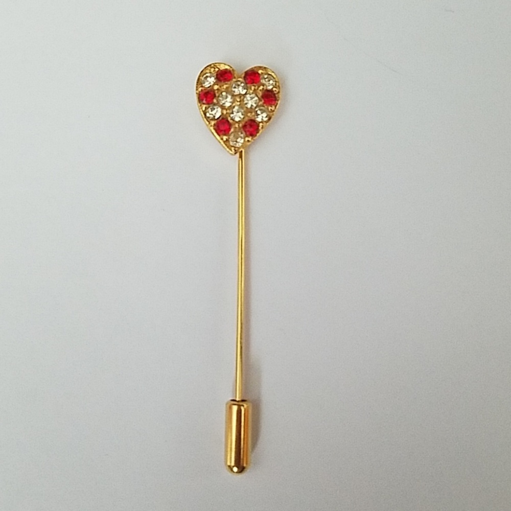 Gold Tone Heart Pin with Red and Clear Rhinestones